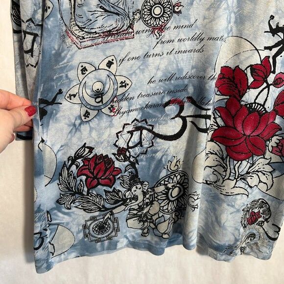 Glima Top Womens L Blue Om Lotus Flower Hippie V Neck 3/4 Sleeve Cotton - Picture 5 of 8